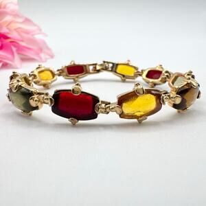 Monet Autumn Fall Color Cabochon Gold Tone Bracelet Signed Elegant Fancy Evening
